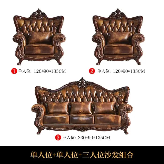 Ensemble de canapés 3 pièces de luxe vintage européen et américain en cuir pleine fleur de première qualité