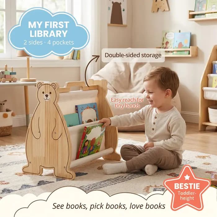 Étagère à livres pour enfants double face en bois massif