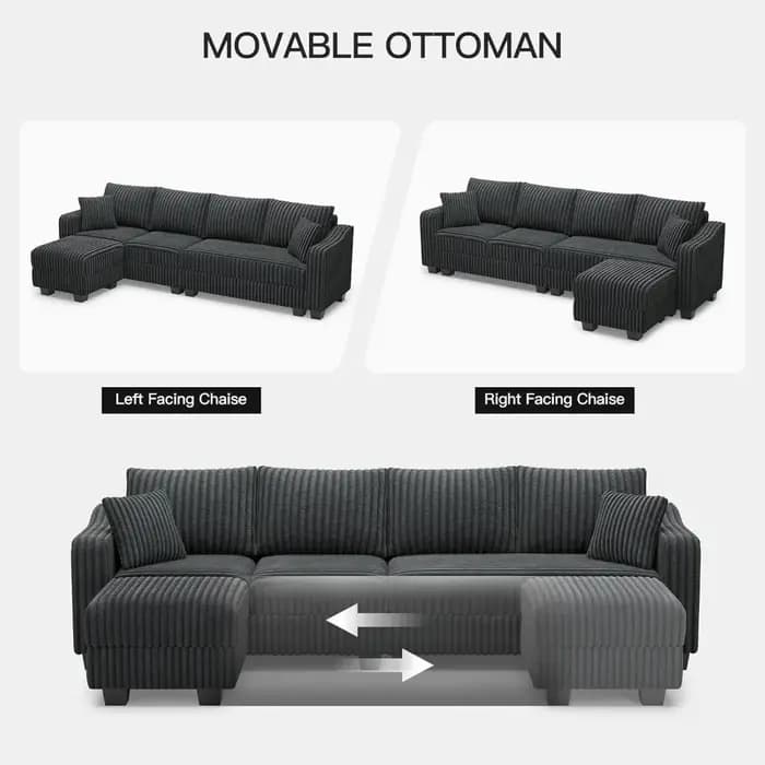 Canapé sectionnel en forme de L avec chaise longue et ottoman, canapés sectionnels pour salon en vel