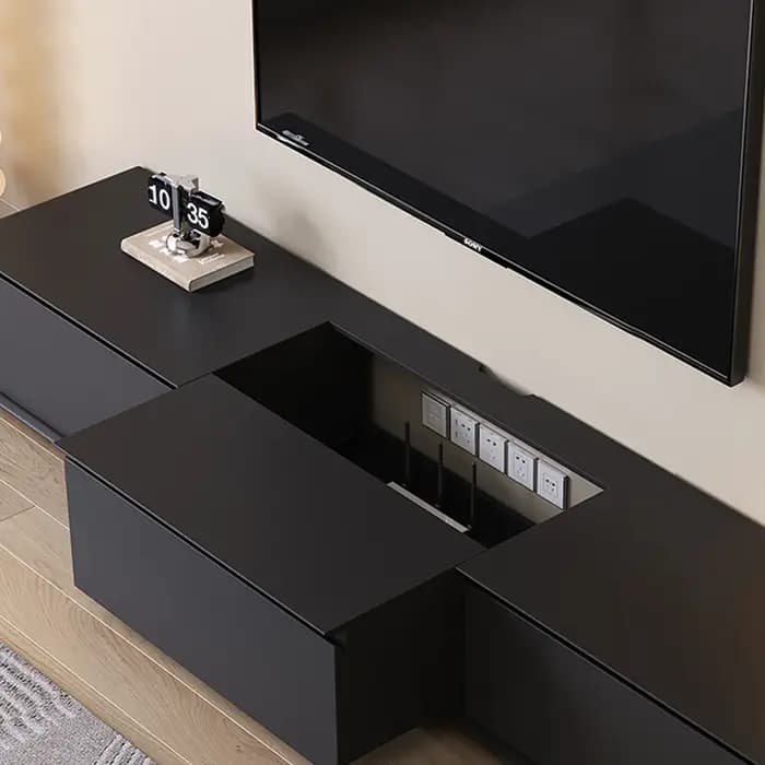 Meuble TV sur pied en bois massif pour salon, chambre d'hôtel, bureau – Meuble TV mobile noir modern