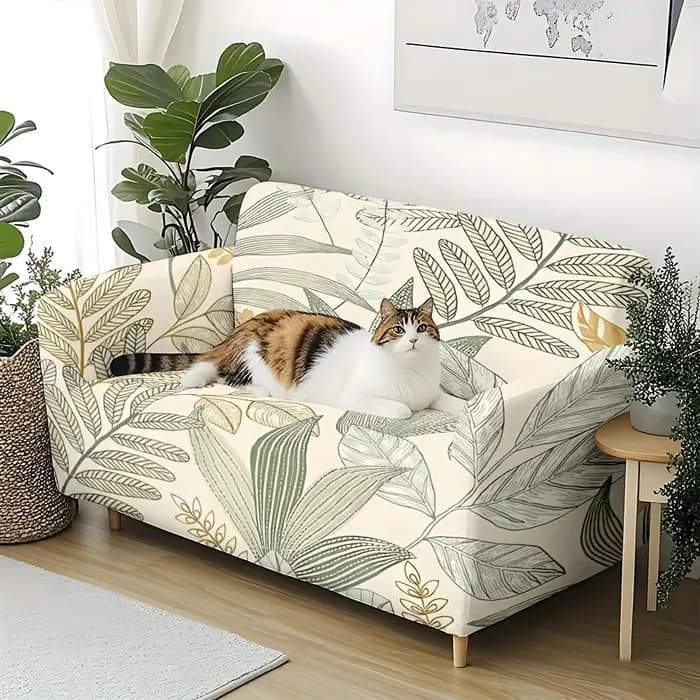 Housse de canapé extensible à imprimé feuilles tropicales vert sauge bohème