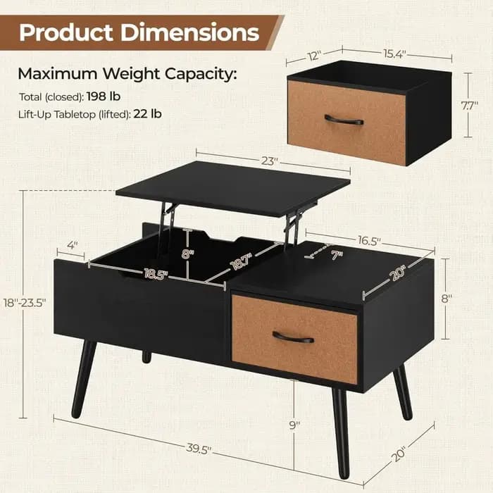 Table basse relevable pour salon, petites tables centrales en bois avec grand rangement