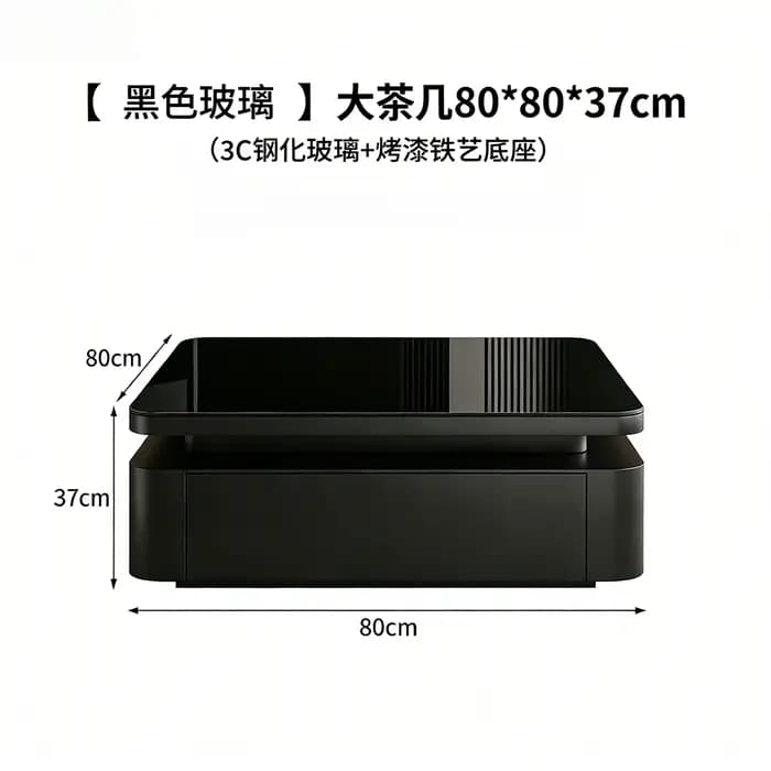 Grande table basse transparente avec rangement noir, tables basses de luxe en verre, base en métal,