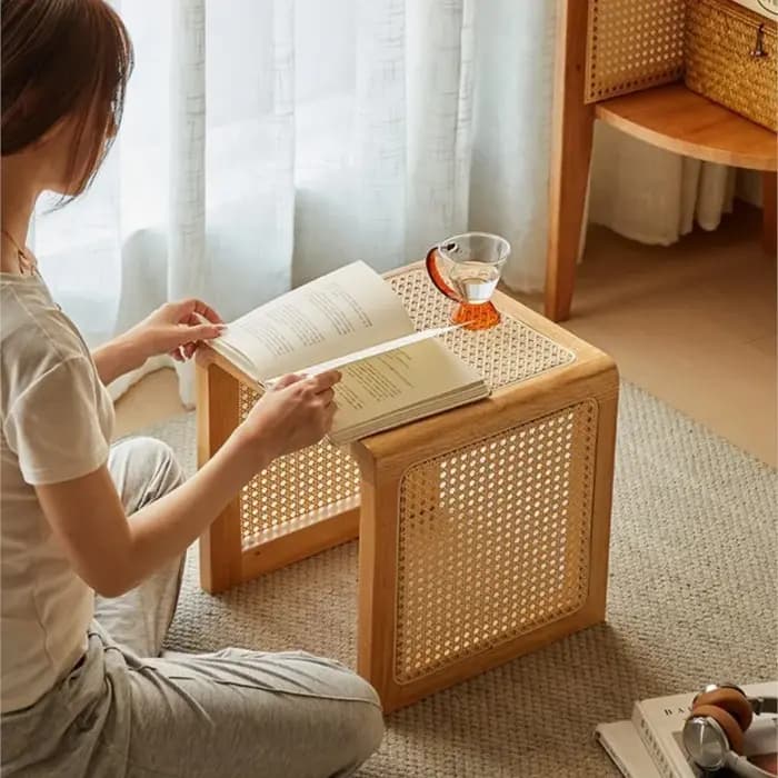 Table d'appoint en rotin et bois massif de Style Wabi-sabi, balcon japonais, fenêtre, canapé, petite