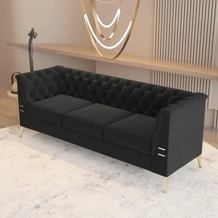 Canapé Chesterfield en velours 3 places capitonné avec pieds en métal doré Salon rembourré confortab