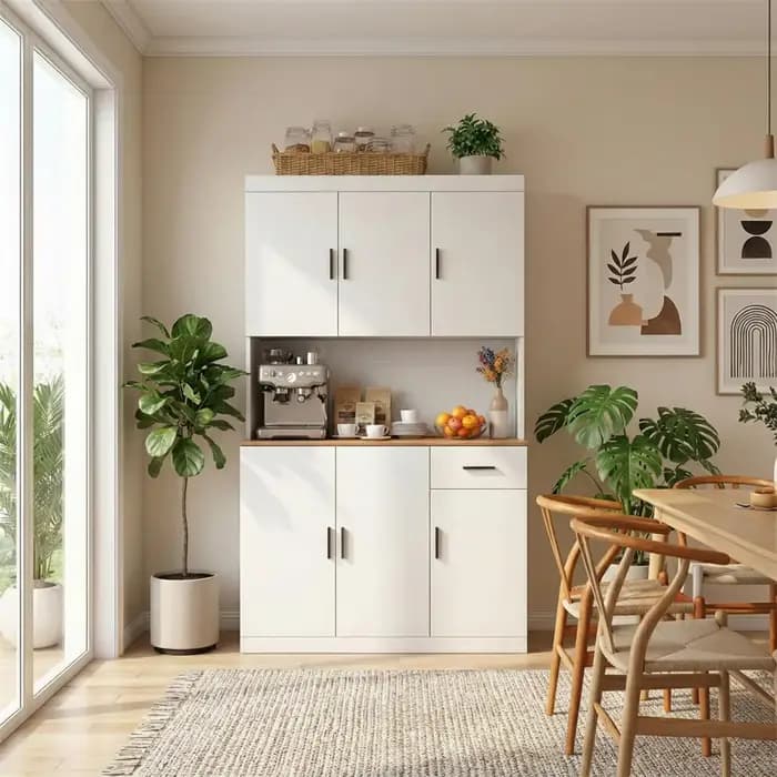 Armoire de cuisine blanche de 71 pouces avec prise de courant, organisateur de rangement de cuisine