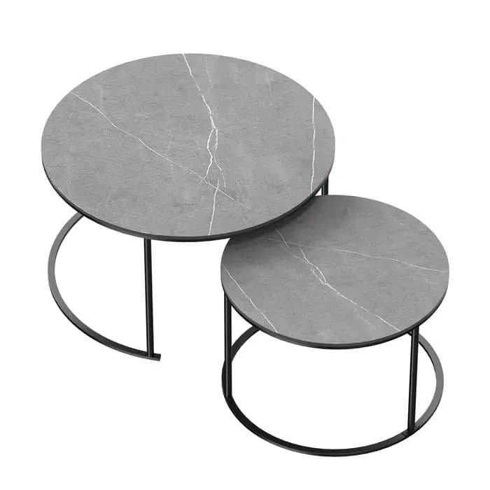 Ensemble de table basse en marbre gris rond nidification moderne, table en pierre frittée, pieds en