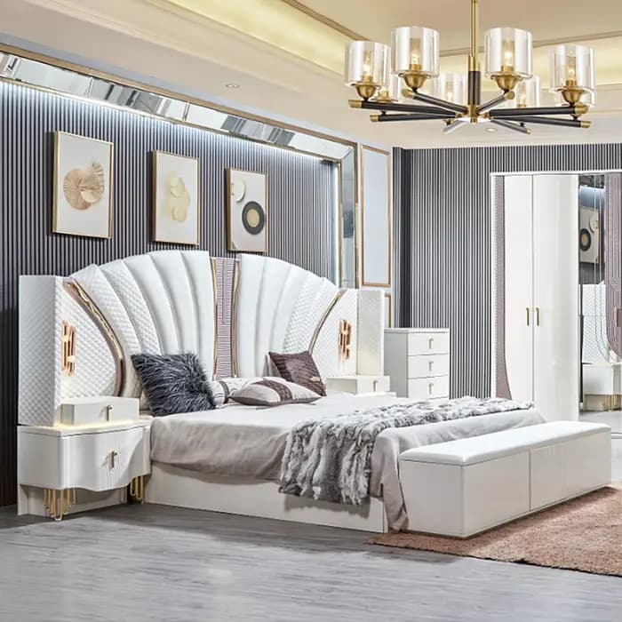Ensemble de meubles de chambre à coucher en bois au design moderne, lit double king size avec cadre