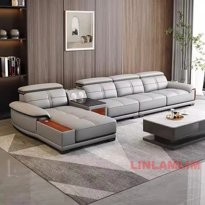 Grand canapé en cuir véritable avec chaise longue