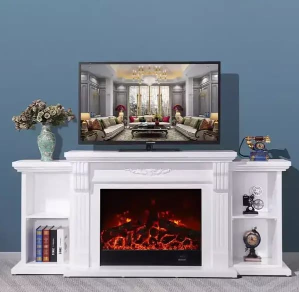 Meuble TV avec cheminée pour salon et chambre à coucher, contour de pierre empilée et télécommande,