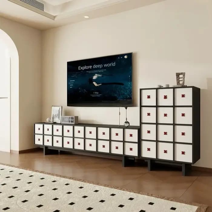 Tables TV en bois blanc, canapés étroits et longs, organisateurs, commodes, tiroirs, meubles TV, meubles de rangement, meubles pour salons.