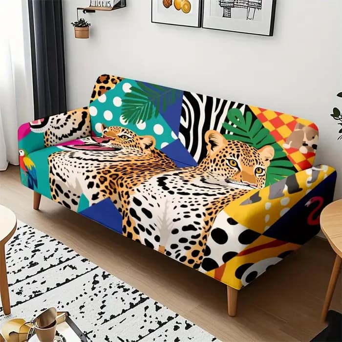 Housse de canapé extensible à imprimé léopard tropical avec patchwork éléphant et perroquet