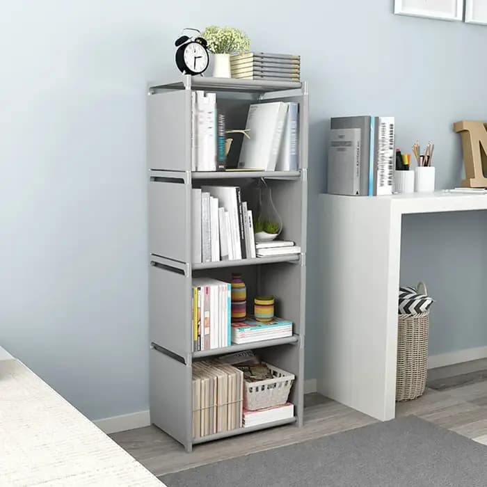 Présentoir de bibliothèque à 4 niveaux, support d'étagère de rangement de livres, étagère gris clair