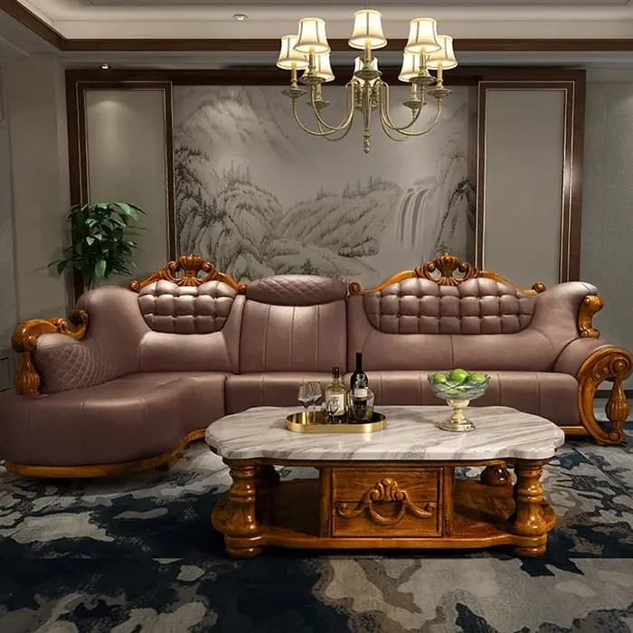 Canapé d'angle en L en cuir véritable et bois massif de style chinois moderne européen