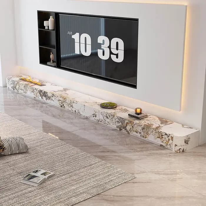 Meuble TV rond de luxe léger, style crème, compact et élégant, avec rangement créatif, esthétique premium, mobilier de salon