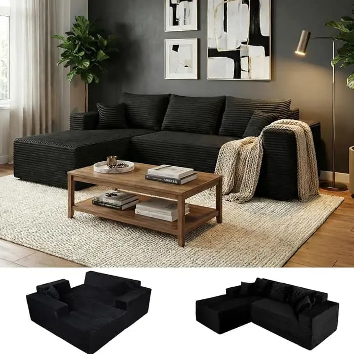 Canapé modulaire en velours côtelé en forme de L de 95 pouces, sans structure, avec assise profonde,