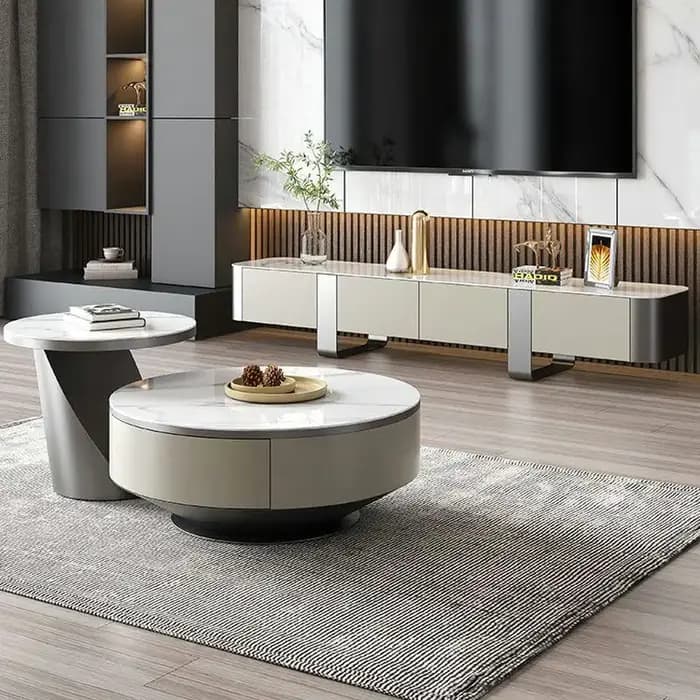 Ensemble de meubles de salon de luxe moderne italien : Meuble TV et table basse ronde en marbre avec rangement