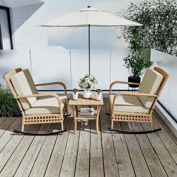Chaises à bascule de patio en rotin 3 pièces, ensemble de conversation de patio avec table d'appoint