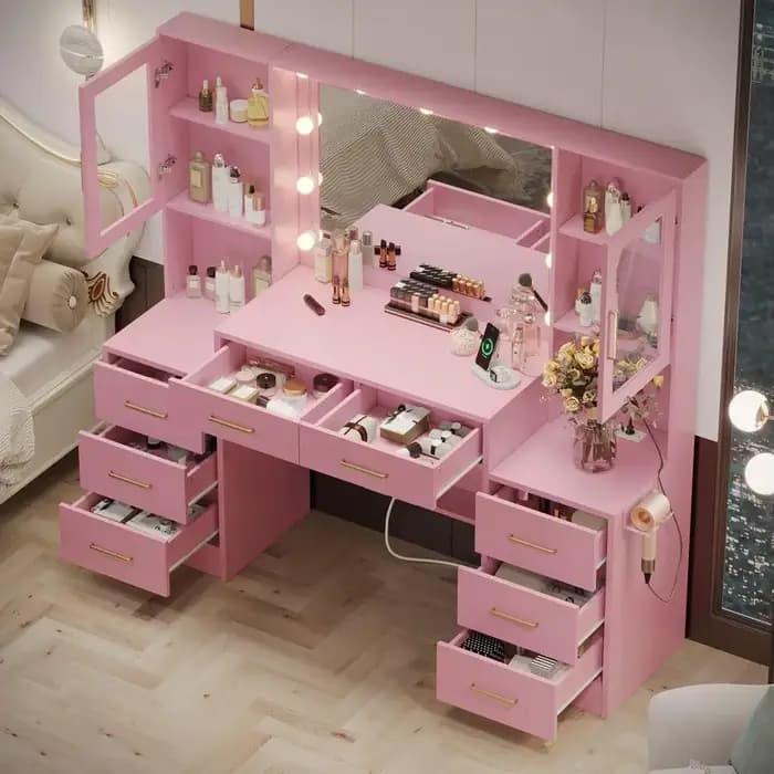 Coiffeuse de maquillage 58.3 avec station de charge, table de maquillage rose avec miroir lumineux,
