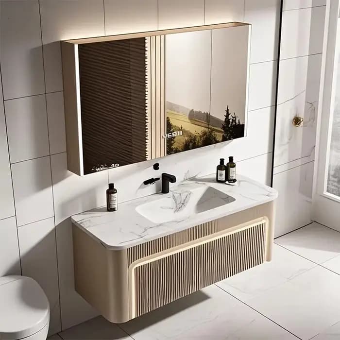 Meubles de salle de bain modernes en bois avec vasque intégrée