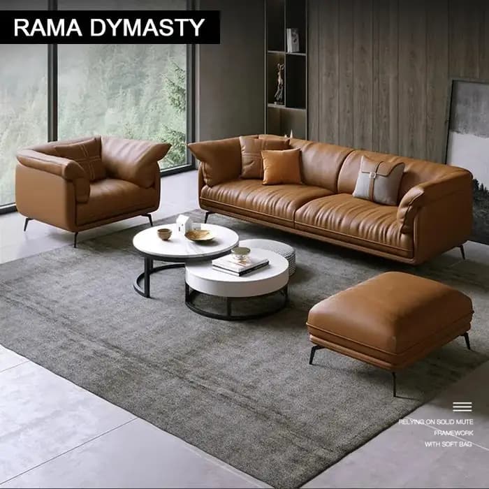 Canapé d'angle moderne rembourré en cuir véritable 1 + 2 + 3 places avec pieds noirs