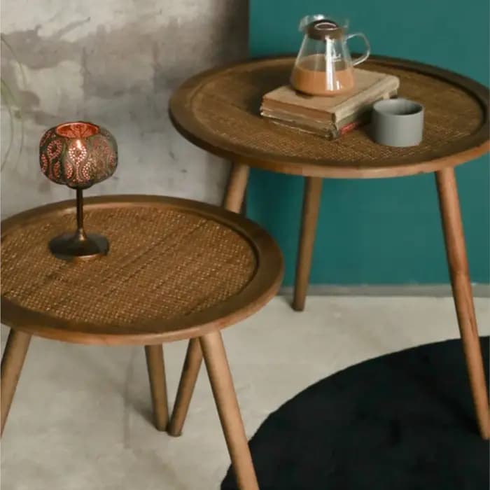 Table basse MOMO bohème rétro américaine en bois massif, table d'appoint en rotin naturel, table ronde de balcon, table d'hôtel familial