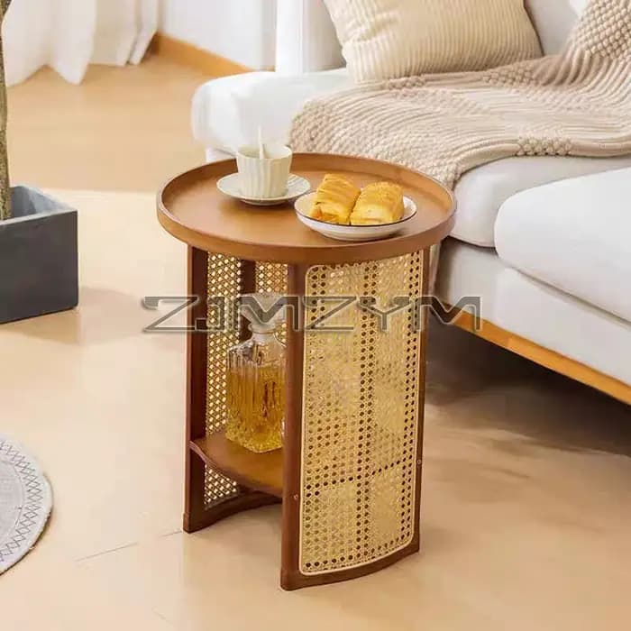 Table d'appoint en rotin, rangement de canapé, bureau d'angle, petite Table basse ronde, bord Double