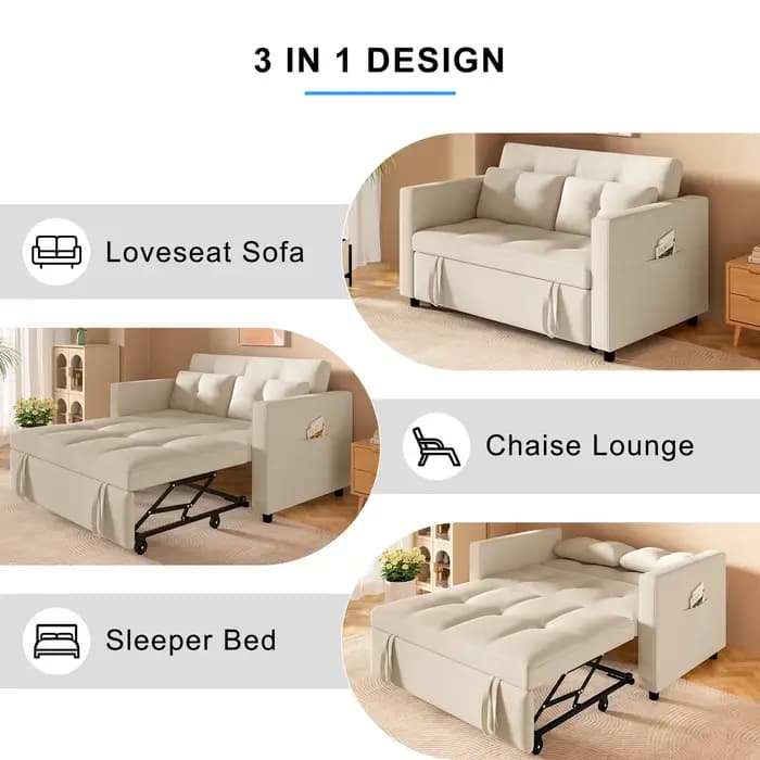 HORGgland-Canapé convertible 3 en 1, canapé-lit en velours de 57 pouces avec lit côtelé, causeuse av