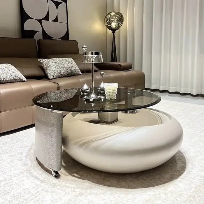 Table basse mobile sur roulettes en verre