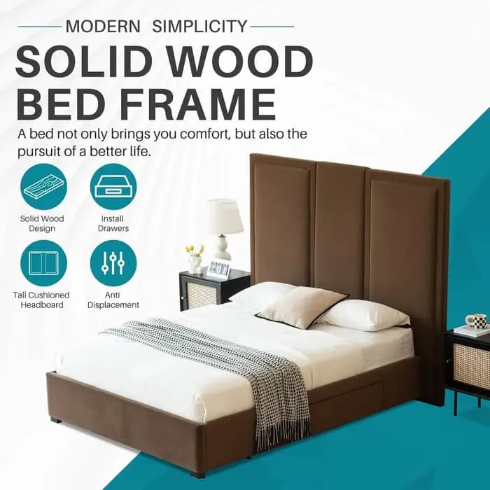 Lit plateforme rembourré Queen Size avec tête de lit haute de 64 pouces, tiroirs de rangement, suppo
