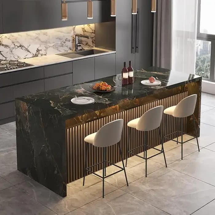 Table de salle à manger îlot en marbre naturel de luxe sur mesure toutes tailles, bar à thé intégré,