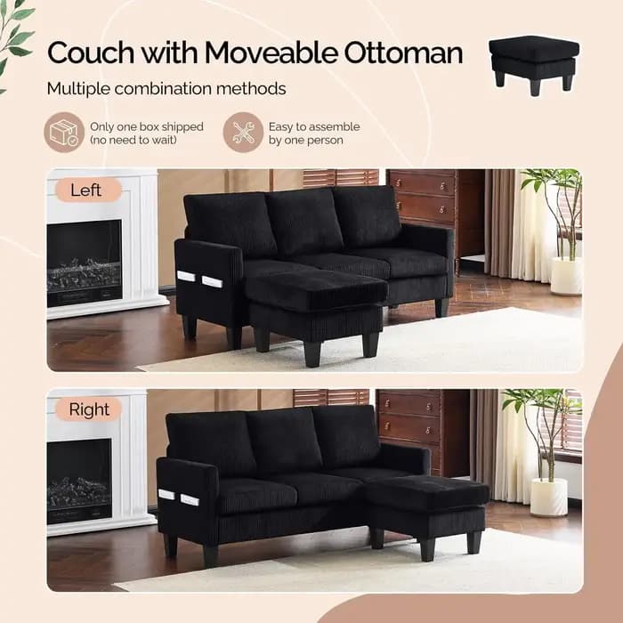 Canapé en forme de L de 68,5' avec rangement mobile, canapé modulable en tissu corduroy, personnalis
