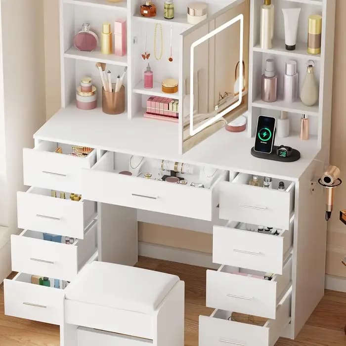 Table de maquillage avec prise électrique, tabouret de maquillage avec 9 tiroirs, 6 étagères de rang