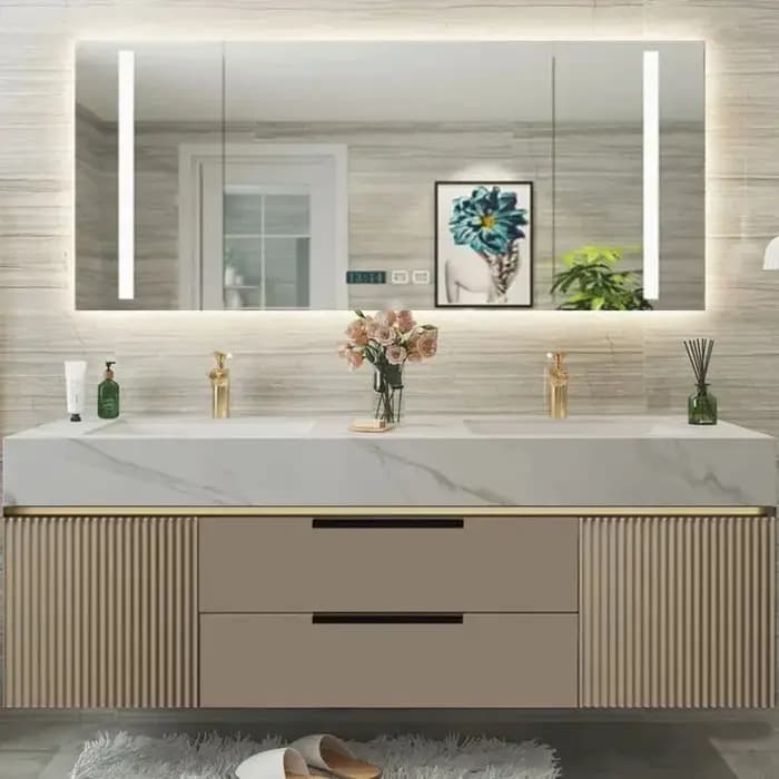 Meuble de salle de bain de luxe en bois avec tiroirs étanches, design élégant, ensemble complet de r