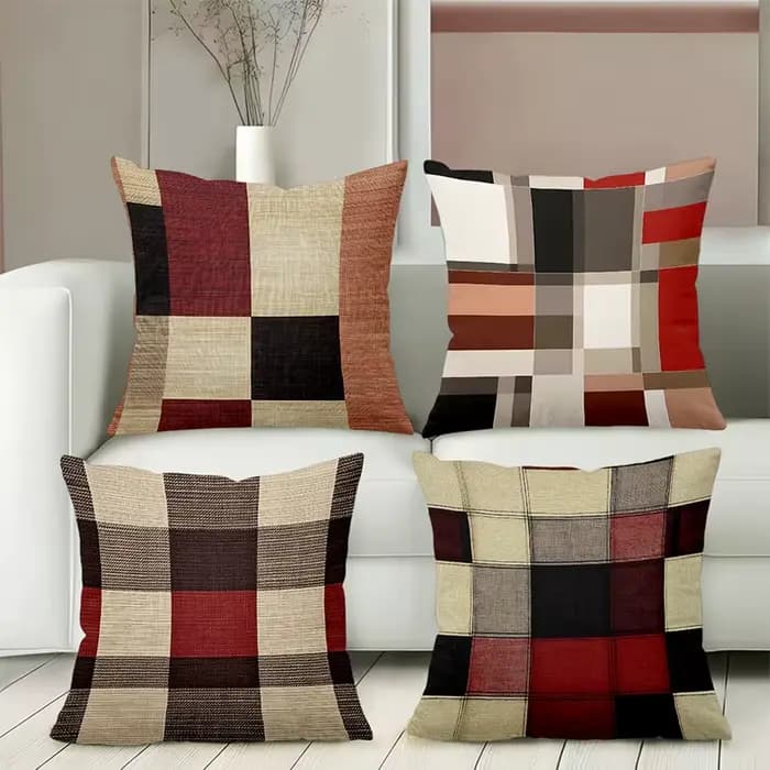 Housse de coussin décorative à motif patchwork écossais