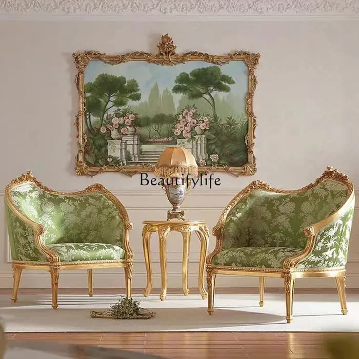 * Canapé français rétro en bois massif sculpté de fleurs, chaise de loisirs en tissu pour villa euro