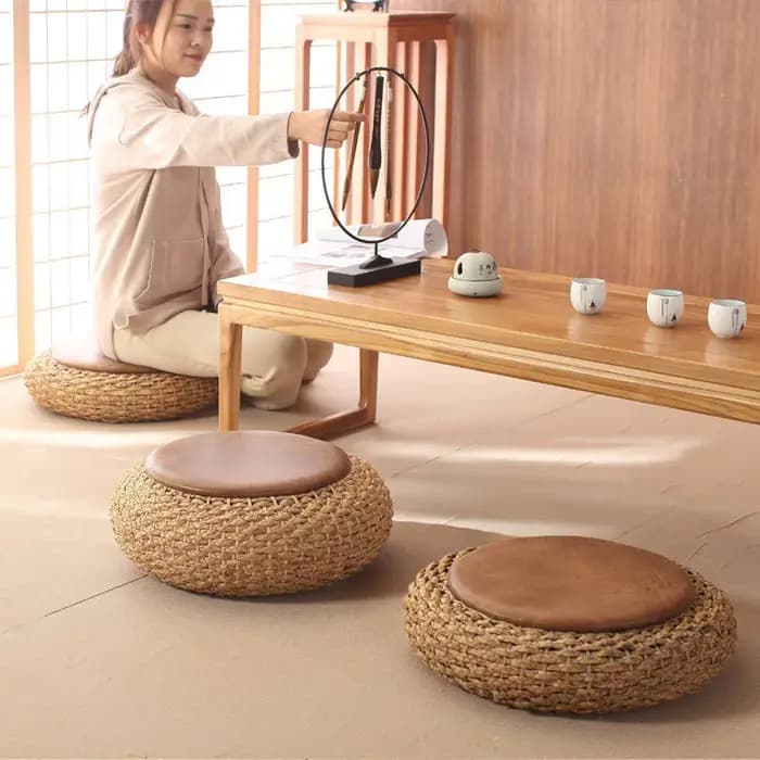Tabouret pouf rond moderne avec siège en cuir PU