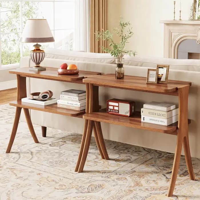 Table d'appoint pour salon, table d'appoint de ferme avec étagère de rangement à 2 niveaux et pieds
