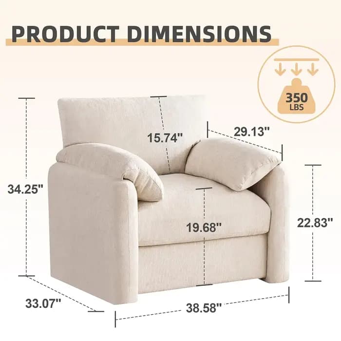 Fauteuil surdimensionné en chenille, 38,6 pouces de large, fauteuils d'appoint pour salon et chambre