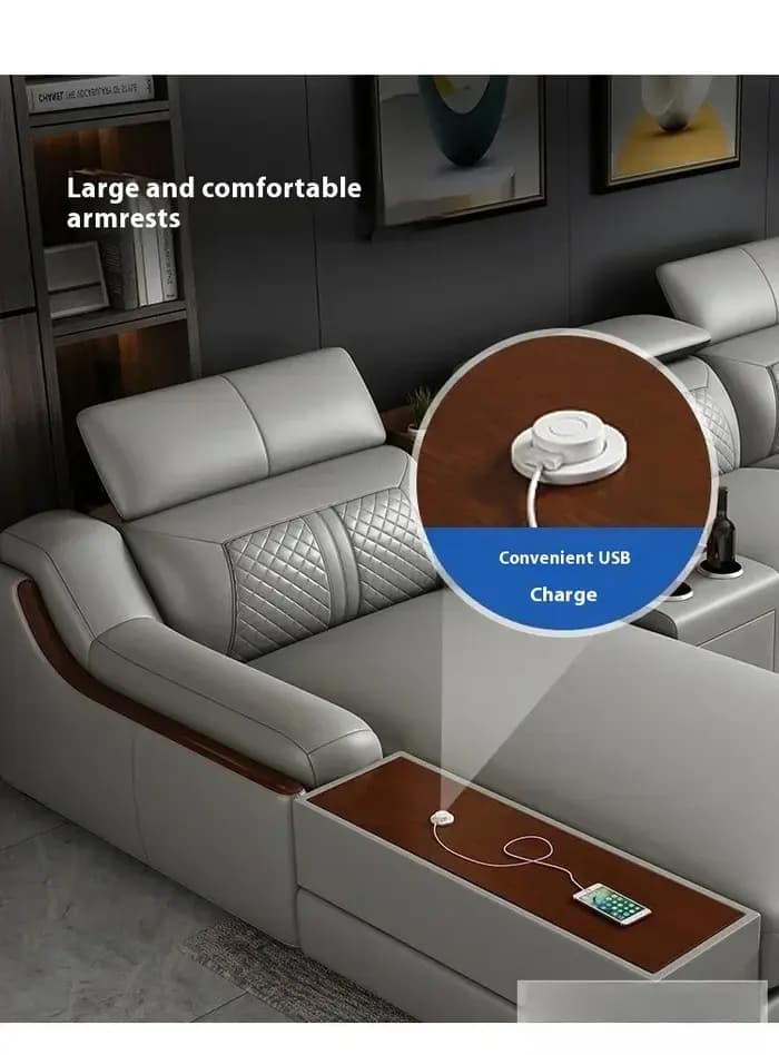 Canapé italien élégant en cuir véritable pour le salon avec porte-gobelet, USB, appui-tête réglables