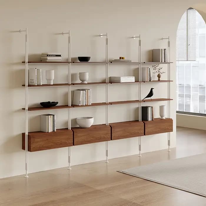 Bibliothèque minimaliste crème, bibliothèque de salon, du sol au plafond, multi-niveaux, en fer forg