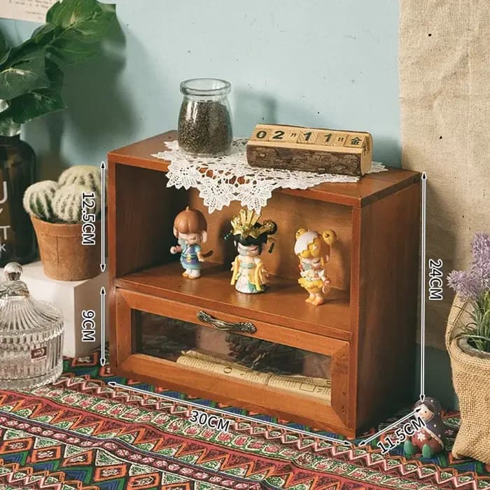 Armoire de présentation à double porte en bois massif de style nordique rétro, armoire de rangement pour cosmétiques, boîte de rangement de bureau avec tiroirs