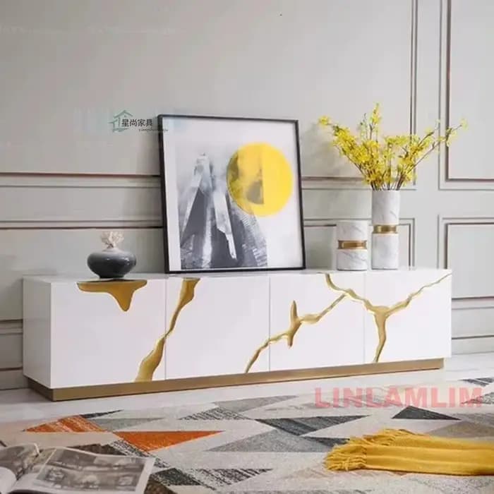 Meuble de rangement brillant pour salon ou salle à manger, buffet/stand TV de luxe noir/blanc avec accents dorés