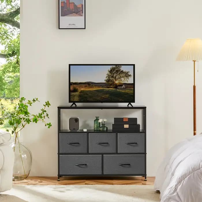 JHK cheminée meuble TV commode pour chambre à coucher avec 5 tiroirs en tissu placard de rangement poitrine vêtements
