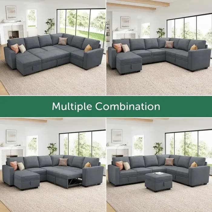 Bestseller - Canapé-lit en chenille gris avec ottoman de rangement et lit escamotable pour salon