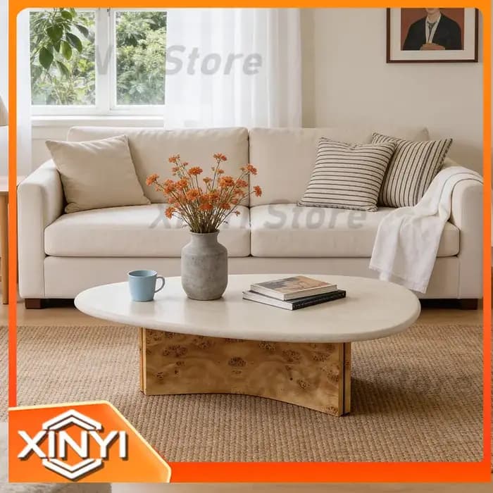 Table basse en bois massif naturel et travertin