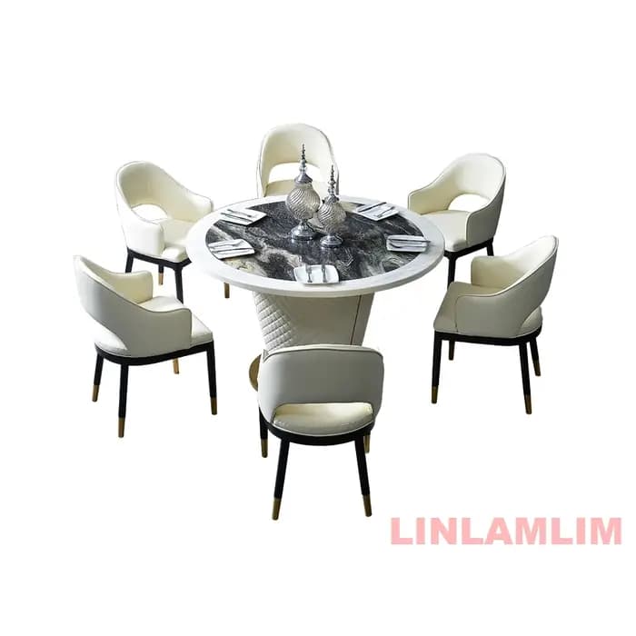 Ensemble de table à manger moderne 7 pièces pour 6 personnes, table à manger ronde en marbre avec 6 chaises rembourrées en cuir véritable, cuisine salle à manger