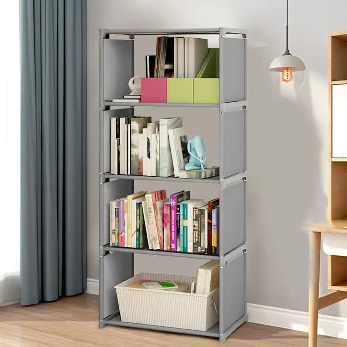 Présentoir de bibliothèque à 4 niveaux, support d'étagère de rangement de livres, étagère gris clair