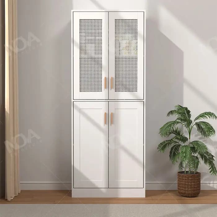 Prêt à expédier des bibliothèques en bois à 4 niveaux avec porte en rotin, salle à manger, cuisine,