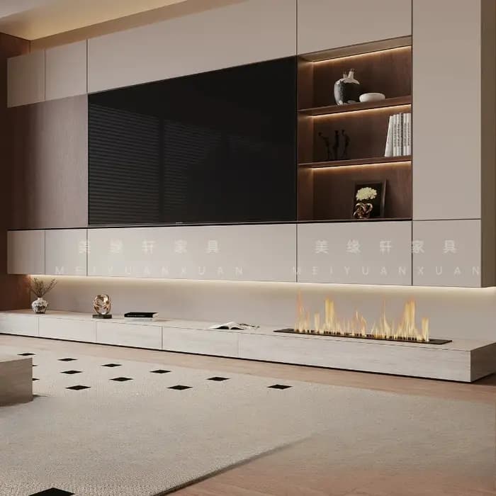 Meuble TV de luxe avec foyer intégré, console centrale, meuble TV de coin cannelé, mobilier de maiso
